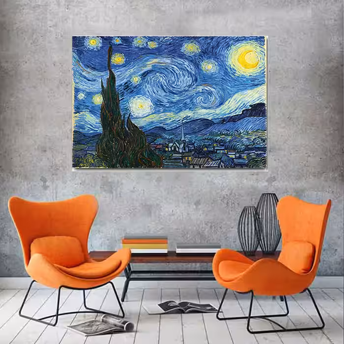 تابلو نقاشی رنگ روغن طرح شب پر ستاره ونگوگ کد 10070