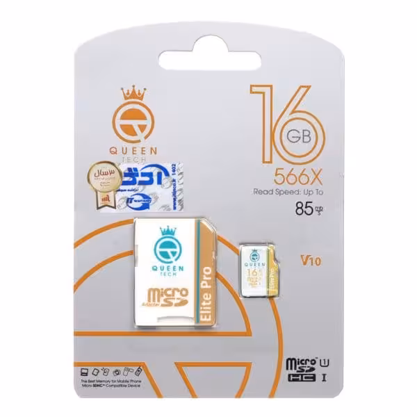 کارت حافظه Queen tech microSDHC & adapter U1 Class 10 566X -85MB/sسفید طلایی ظرفیت 16 گیگابایت