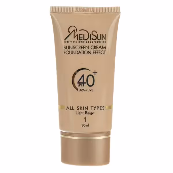 ضدآفتاب کرم پودری مدیسان SPF40 رنگ بژ روشن 1 مناسب انواع پوست حجم 30 میلی لیتر