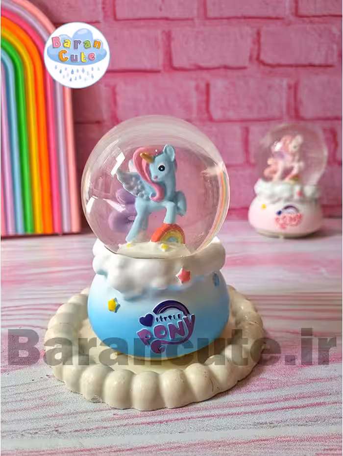 گوی موزیکال برفی چراغ دار (سایز متوسط) طرح پونی آبی