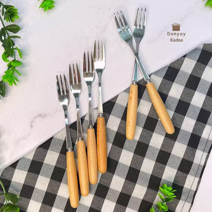 چنگال میوه استیل دسته چوبی