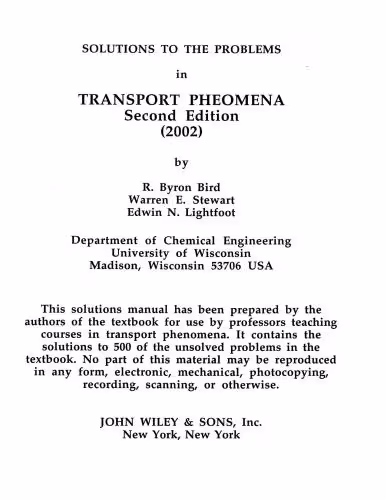 خرید و دانلود نسخه کامل کتاب Solutions to the Problems in Transport Phenomena
