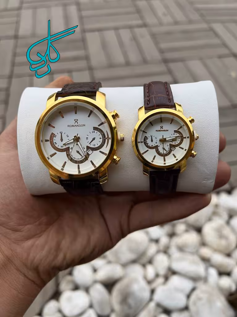 خرید ست ساعت زنانه و مردانه رومانسون رنگ ثابت بند چرمی با کیفیت طرح سه موتوره کد 1916919 - ردگل