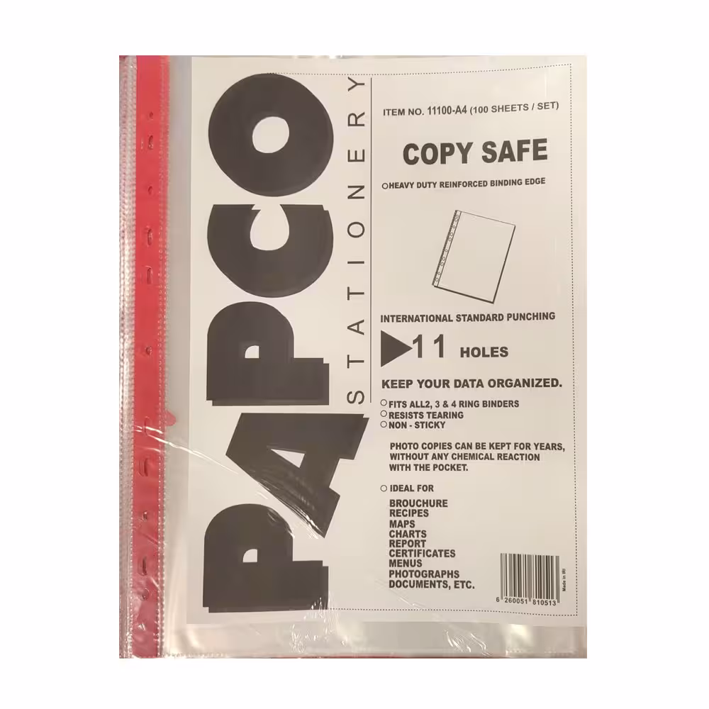 کاور A4 شفاف پاپکو بسته 100 عددی کد 11-A4 نوار قرمز