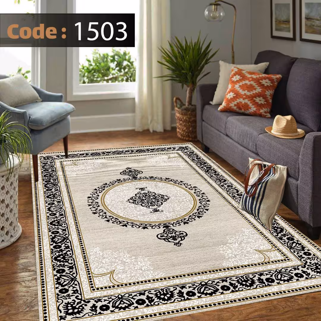 کاورفرش روفرشی دورکشدار گوشه لیفه ای کرم  قهوه ای کد 1503