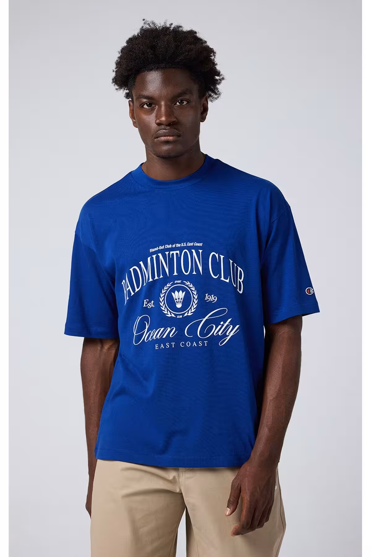 تی شرت آبی مردانه خدمه کتابفروشی اورجینال Champion