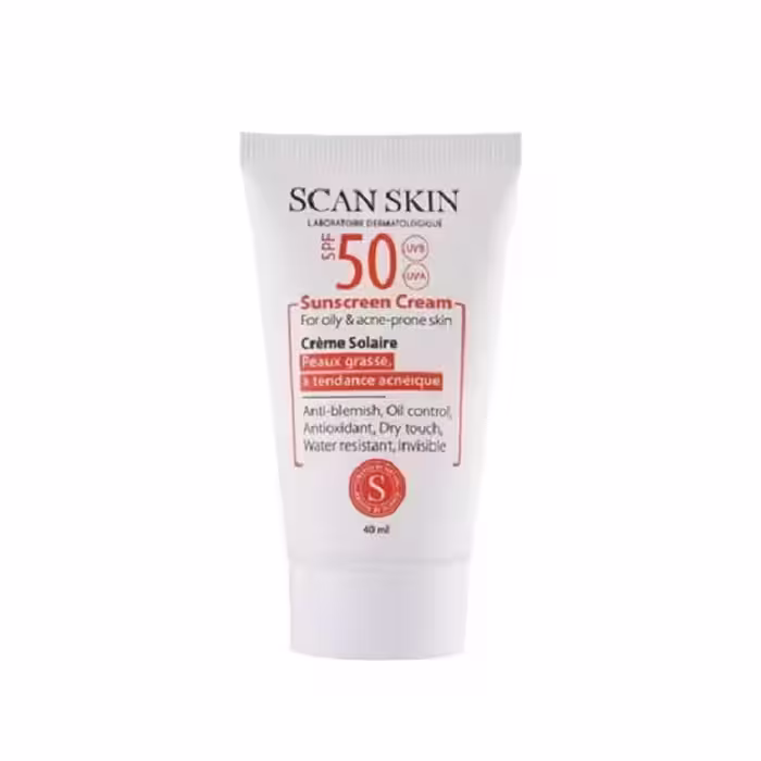 کرم ضدآفتاب بی‌رنگ اسکن اسکین SPF50 مناسب پوست چرب حجم 40 میلی لیتر
