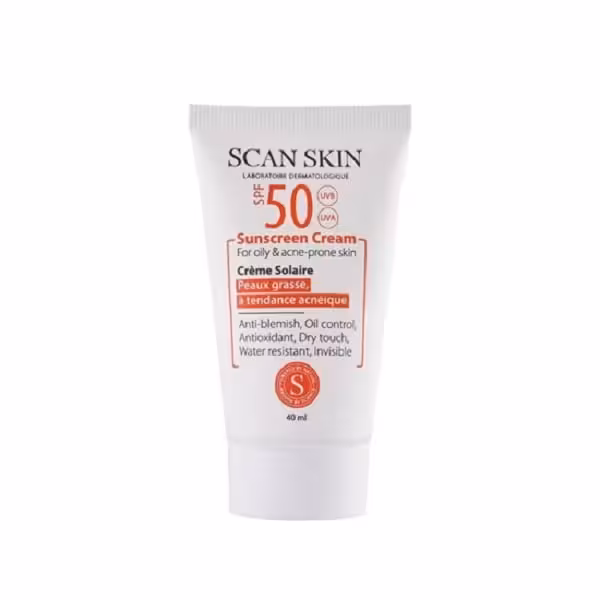 کرم ضدآفتاب بی‌رنگ اسکن اسکین SPF50 مناسب پوست چرب حجم 40 میلی لیتر
