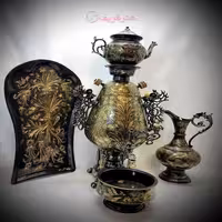 سماور برنجی زغالی 6 لیتری مدل جام با سرویس 4 تیکه