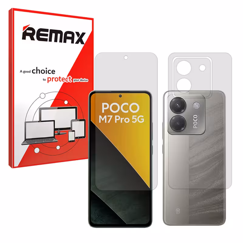 گلس صفحه نمایش و پشت گوشی شیائومی Poco M7 Pro 5G مدل هیدروژلی شفاف برند ریمکس کد SS