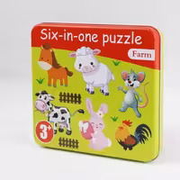 پازل چوبی جعبه فلزی 6 در 1 حیوانات مزرعه farm