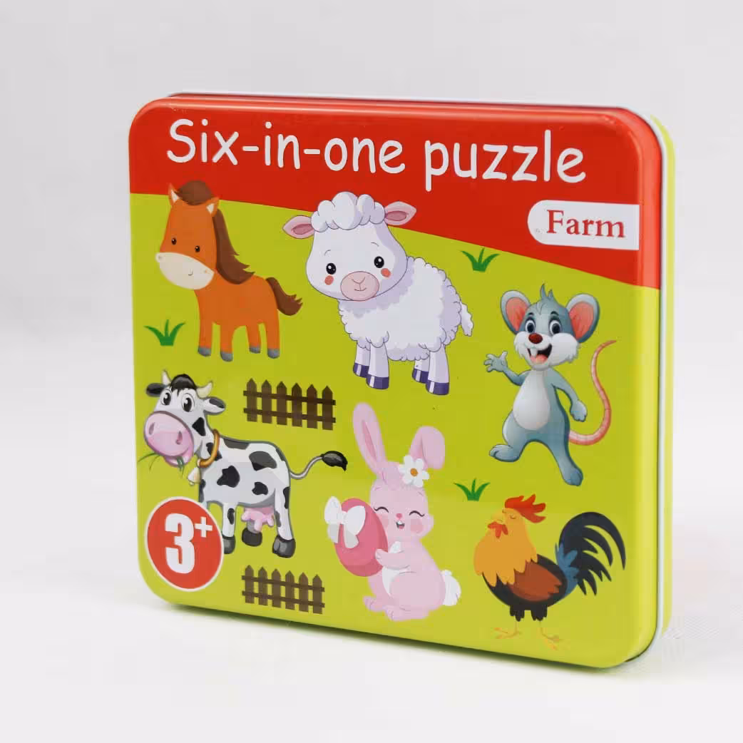 پازل چوبی جعبه فلزی 6 در 1 حیوانات مزرعه farm