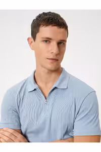 تی شرت یقه پولو آبی مردانه POLO YAKA T SLIM FIT نیمی از زیپ آستین کوتاه Koton