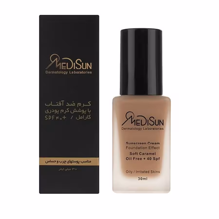کرم ضد آفتاب شیشه ای با پوشش کرم پودری حاوی spf40 مناسب پوست چرب و حساس 30میل مدیسان