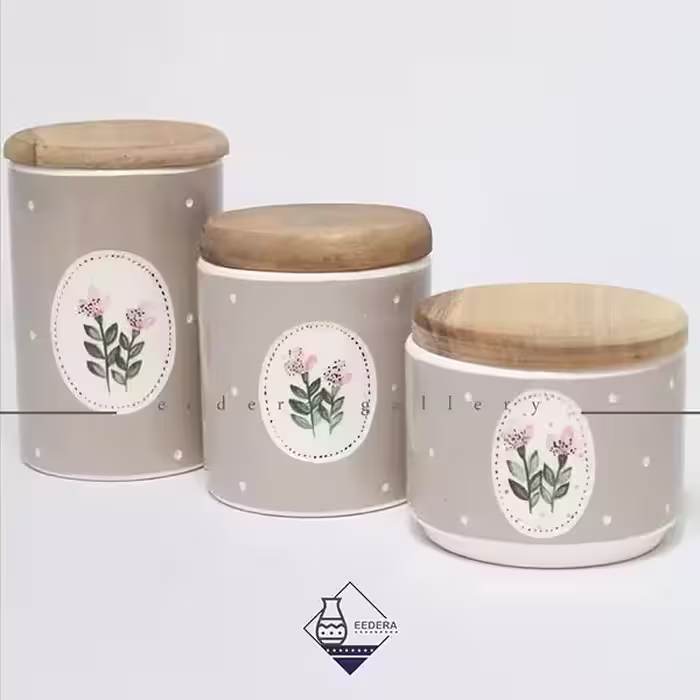 بانکه سرامیکی طرح گل با درب چوبی