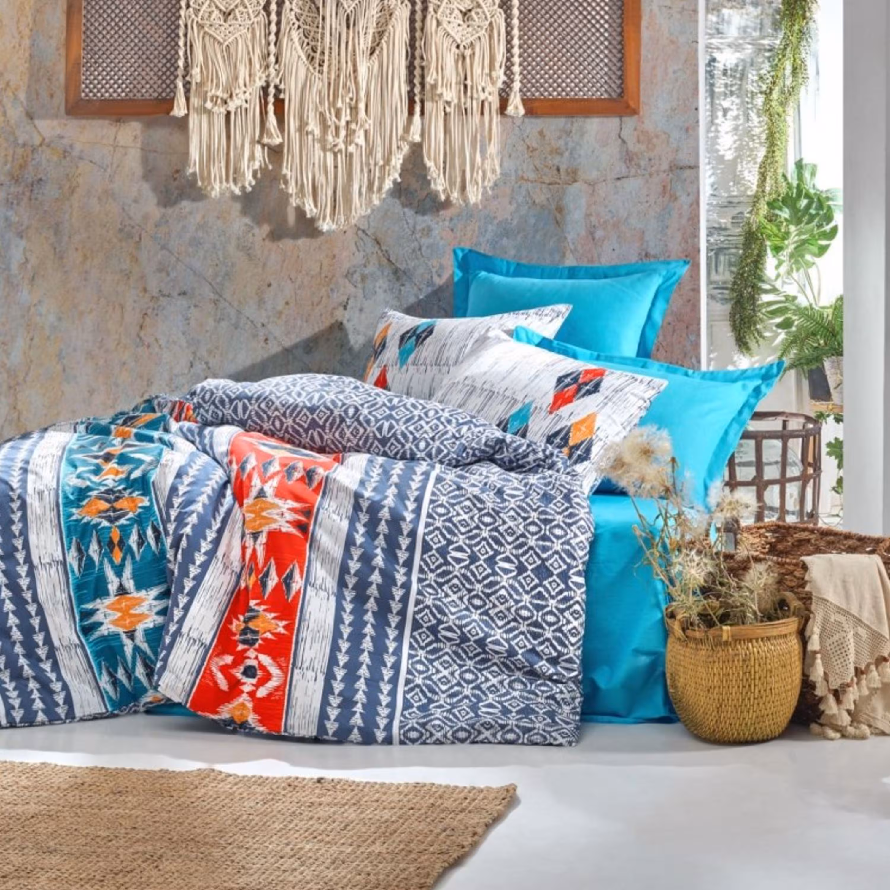 ست ملحفه کاتن باکس مدل Ethnic Marika Lacivert دو نفره 4 تکه