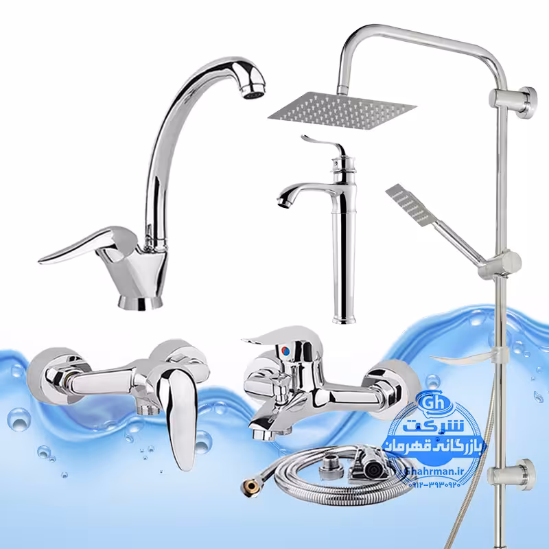 ست 6 عددی شیرآلات برند آیدا صنعت مدل قهرمان | شیر ظرفشویی   روشویی پایه‌بلند مدل بامبو   حمام   توالت   علم دوش صفحه‌استیل   شلنگ توالت | کروم براق
