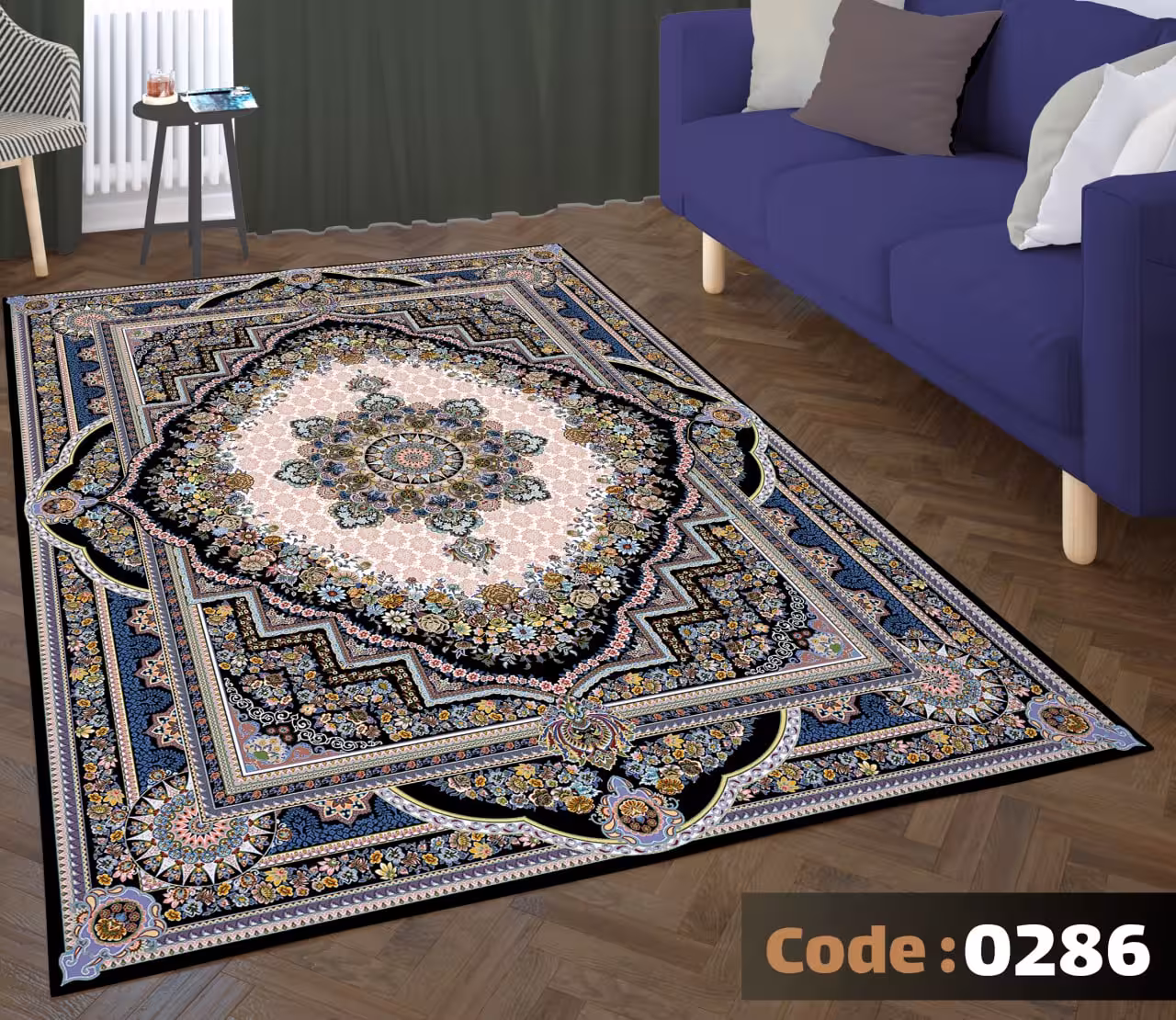 کاورفرش روفرشی دورکشدار گوشه لیفه ای لاکی ، آبی و متنوع کد 0286