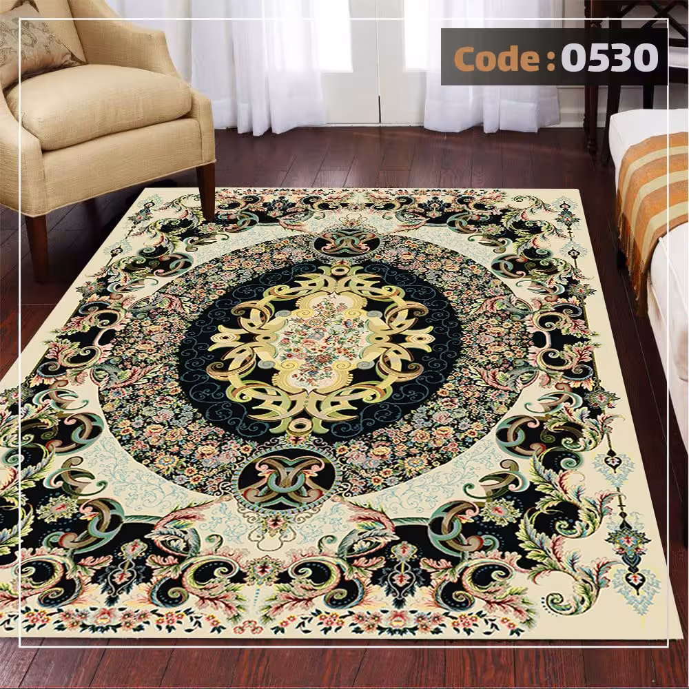 کاورفرش روفرشی دورکشدار گوشه لیفه ای لاکی ، آبی و متنوع کد 0530