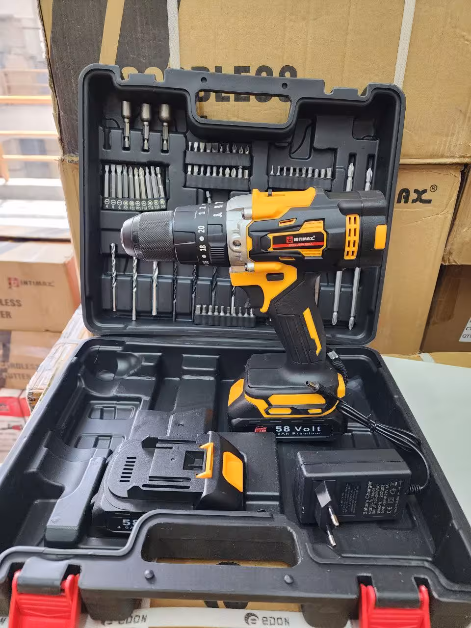 دریل شارژی 58 ولت چکشی دار سه نظام فلزی اینتیمکس
