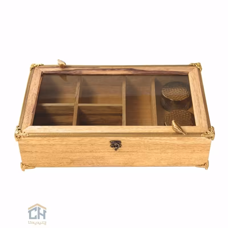 جعبه پذیرایی چوب و برنج مستطیل 5 خانه گلدکیش طرح WOOD مدل GK829652