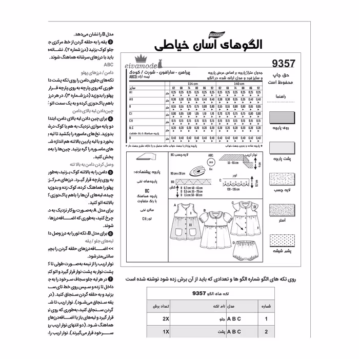 الگو خیاطی پیراهن شورت و سارافون کودک کد 148 متد مولر سایز 3 ماه تا 2 سال