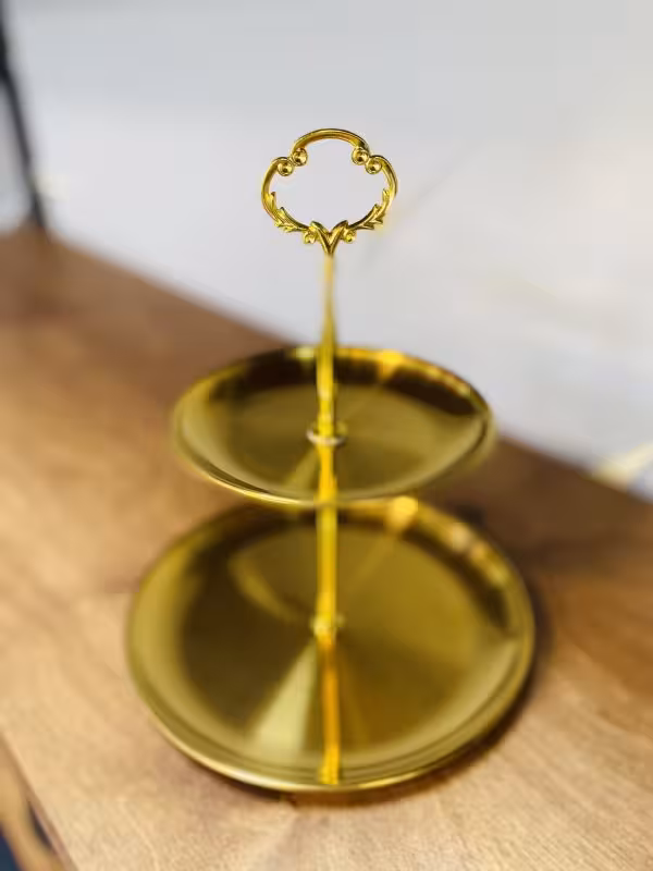 شیرینی خوری  دو طبقه استیل طلایی دسته دار