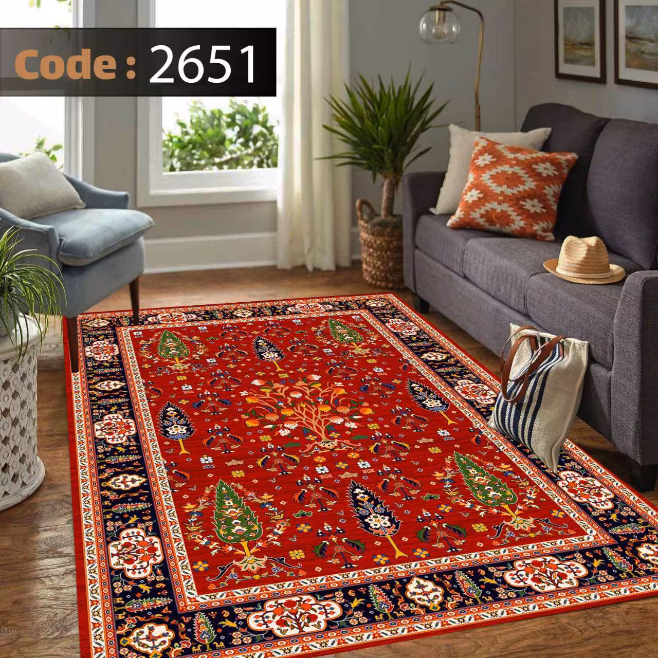 کاورفرش روفرشی دورکشدار گوشه لیفه ای لاکی ، آبی و متنوع کد 2651