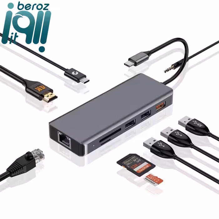 هاب porodo مدل 9in1 4K HDMI Ethernet USB-C Hub با توان 100 وات (اصلی – ارسال 1 ساعته)