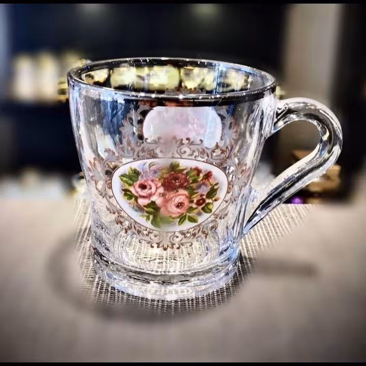 فنجان کروم لب نقره گل رز