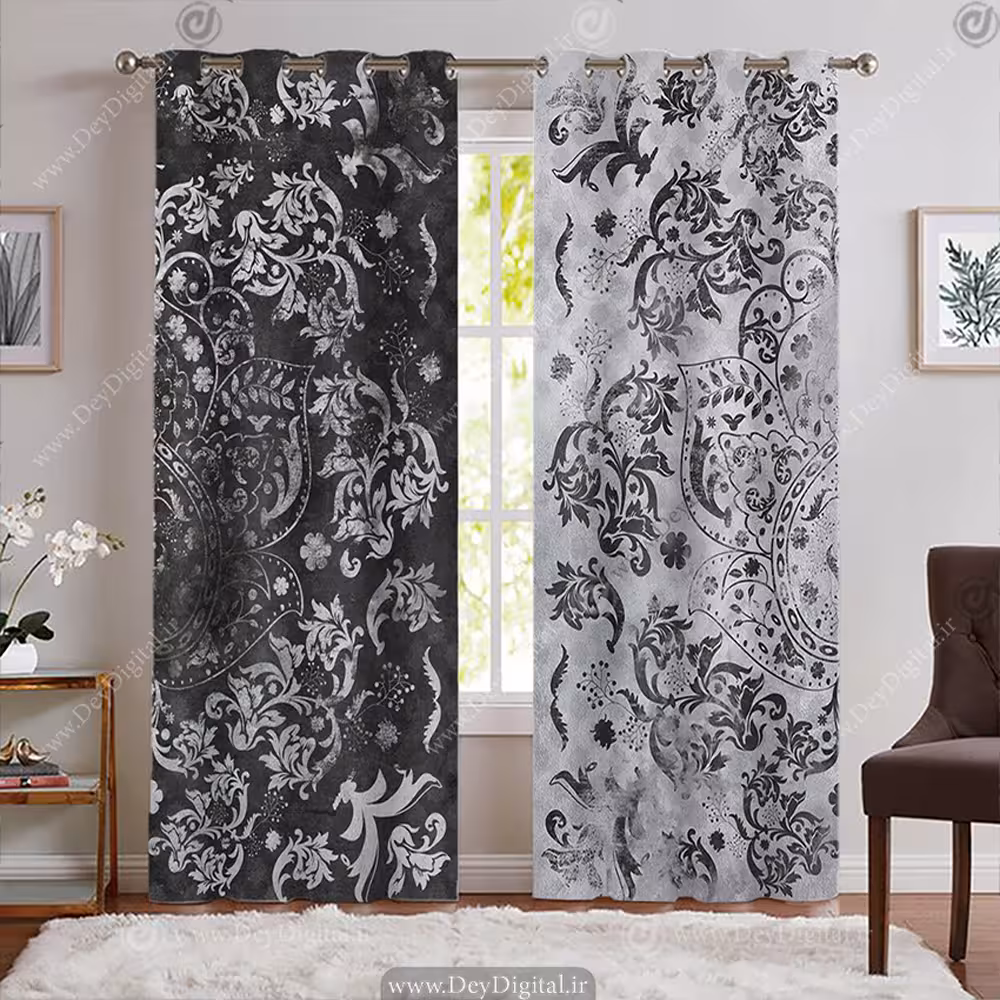 پرده چاپی پانچ طرح پرده خاکستری گل اسلیمی PK-7776