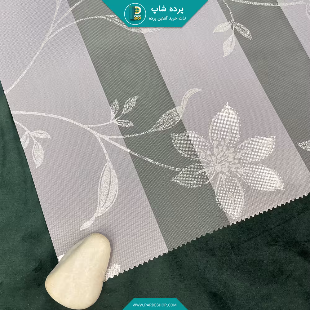 پرده زبرا تمام زمینه طرح گل طلایی زمینه طوسی