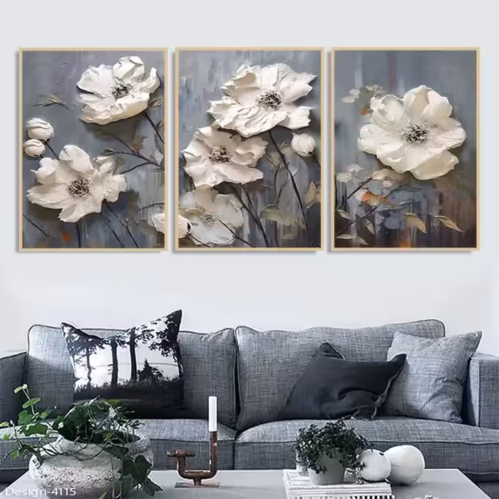 تابلو دکوراتیو  مجموعه نقاشی گلهای سفید سه تیکه منظم | دنیای قاب