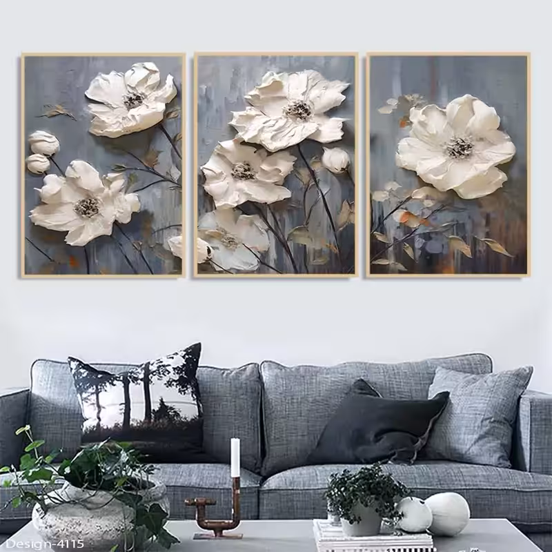 تابلو دکوراتیو  مجموعه نقاشی گلهای سفید سه تیکه منظم | دنیای قاب