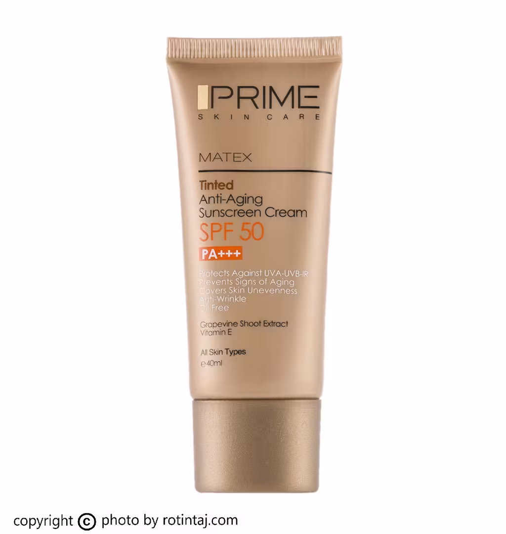 کرم ضد آفتاب جوان کننده رنگی SPF50 فاقد چربی پرایم مناسب انواع پوست 40 میلی