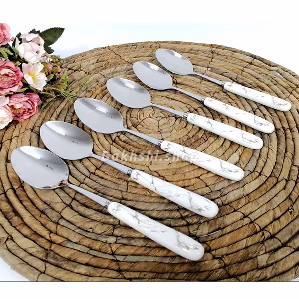 ست قاشق 6 پارچه طرح ماربل نقره ای