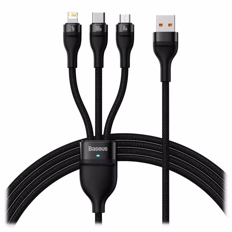 کابل تبدیل USB به USB-C / microUSB / لایتنینگ باسئوس مدل Flash Series Ⅱ 100W طول 1.2 متر