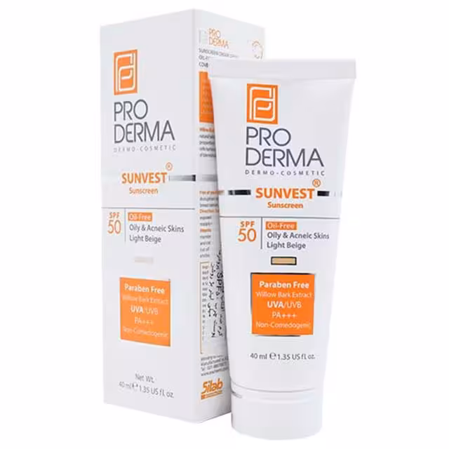 کرم ضد آفتاب فاقد چربی پرودرما مدل SPF50 بژ روشن حجم 40 میلی لیتر