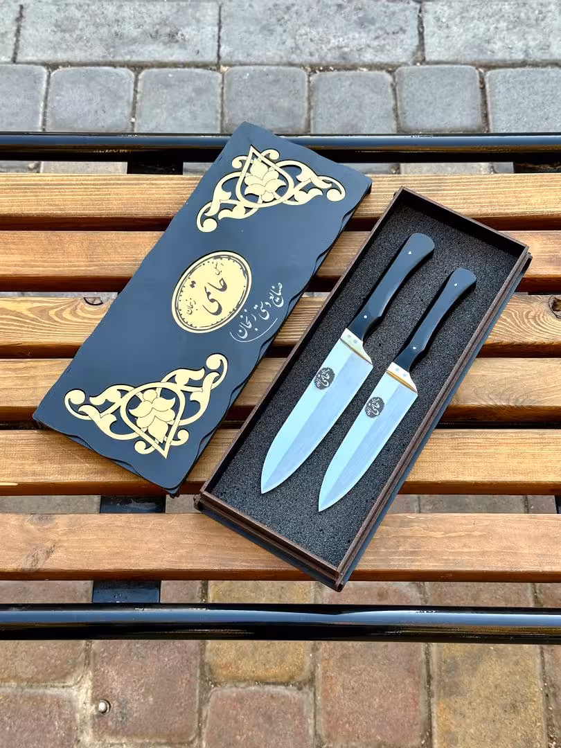 ست دوتایی چاقو آشپزخانه حاتمی راسته سایز وسط و بزرگ استیل ضد زنگ دسته فیبر نسوز با جعبه