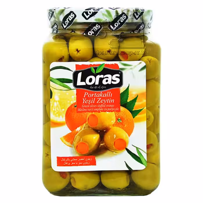 زیتون لوراس با مغز پرتقال حجم خالص 900 گرم