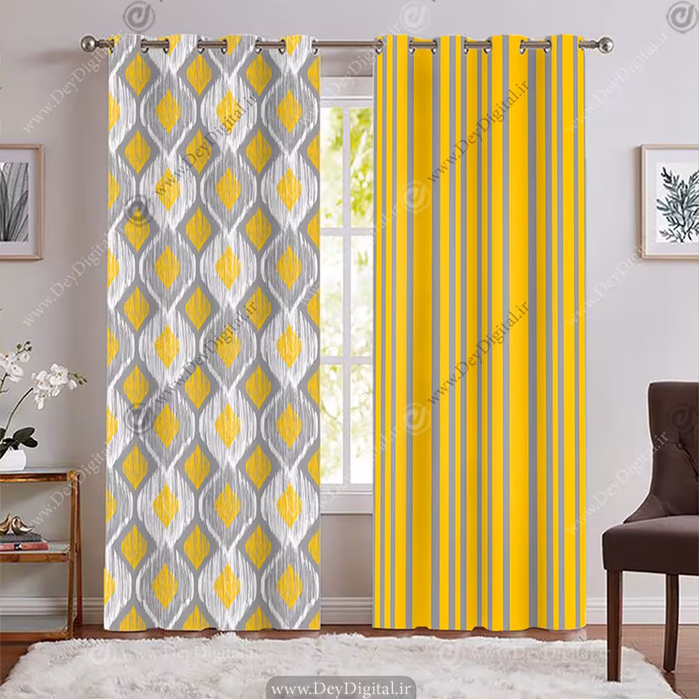 پرده پانچی زرد و طوسی مدل هندسی و راه و راه PK-7764