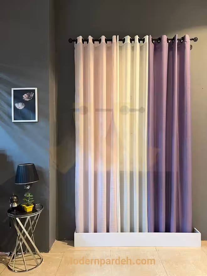 پرده آماده پانچی حریر بافتدار سه رنگ ترکیبی مناسب عرض پنجره 1/5 تا 2 متر