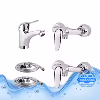 ست 5 عددی شیرآلات برند آیدا صنعت مدل قهرمان | 2 عدد شیر توالت   شیر روشویی   2 عدد شلنگ توالت | کروم براق