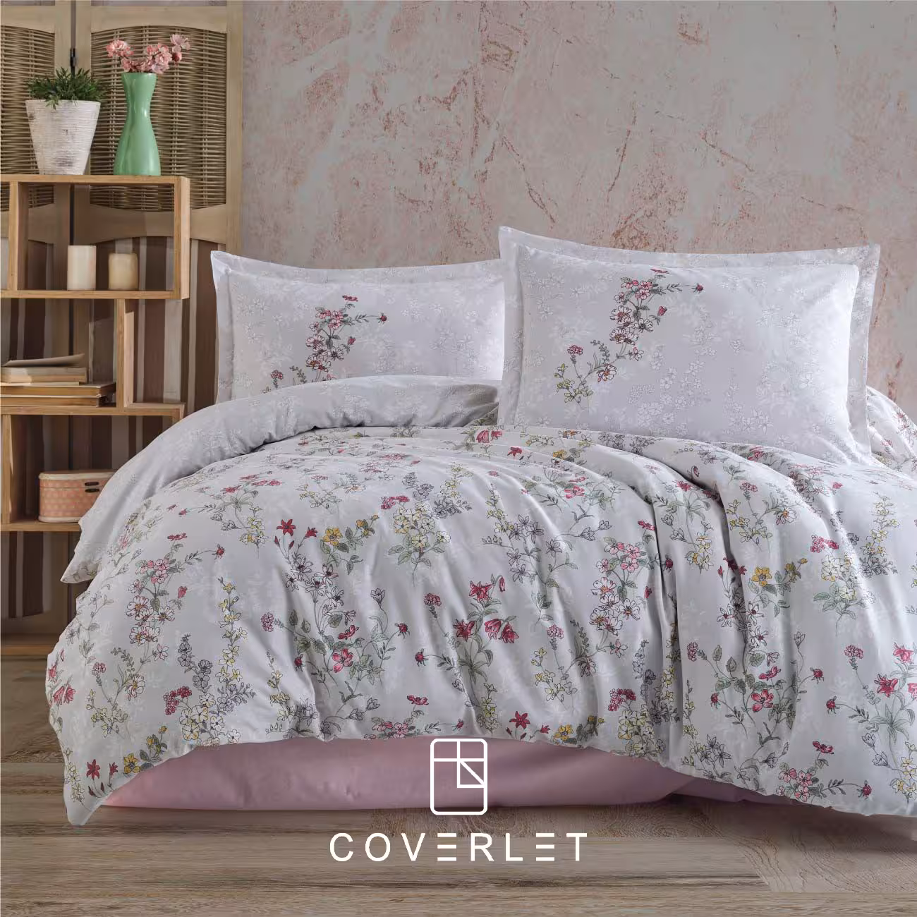 روتختی صورتی طوسی طرح گل دونفره کاوری مدل Novara