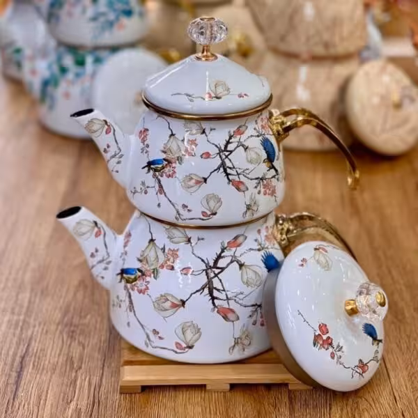 ست کتری و قوری لعابی برند شاهین محصول ترکیه مدل گل پرنده