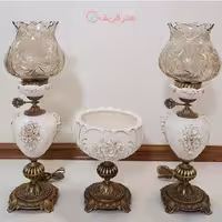 ست چراغ لامپا و میوه خوری آنتیک با طرح گل برجسته تمام برنجی