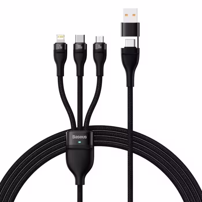 کابل تبدیل USB/USB-C به لایتنینگ /USB-C/micro-USB باسئوس مدل TWO-FOR-THREE FASH CHARHING CABLE 100W طول 1.2 متر