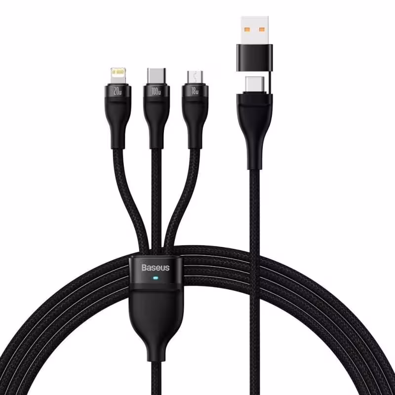 کابل تبدیل USB/USB-C به لایتنینگ /USB-C/micro-USB باسئوس مدل TWO-FOR-THREE FASH CHARHING CABLE 100W طول 1.2 متر