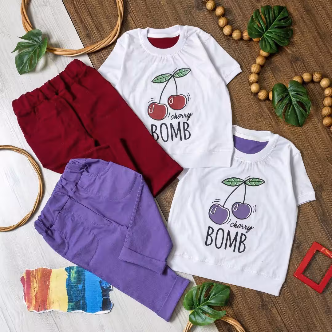 ست تیشرت و شلوارک طرح آلبالو از سایز 40 تا 55