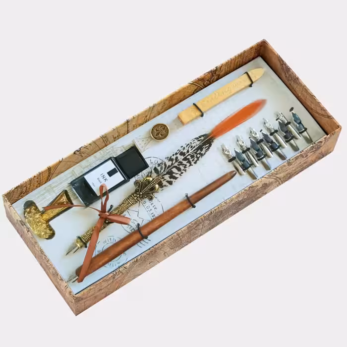 ست کالیگرافی قلم پر قرقاول دم قرمز طرح رویال Calligraphy set feather pen tinamou with red tail